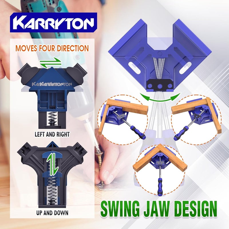 KARRYTON 90 Degree Corner Clamp Set, 4 Pack Aluminum Alloy Swing Jaw Corner Clamps for Woodworking + 4 ABS Plastic Right Angle Clamps, Framing, Cabinet DIY - Image 5
